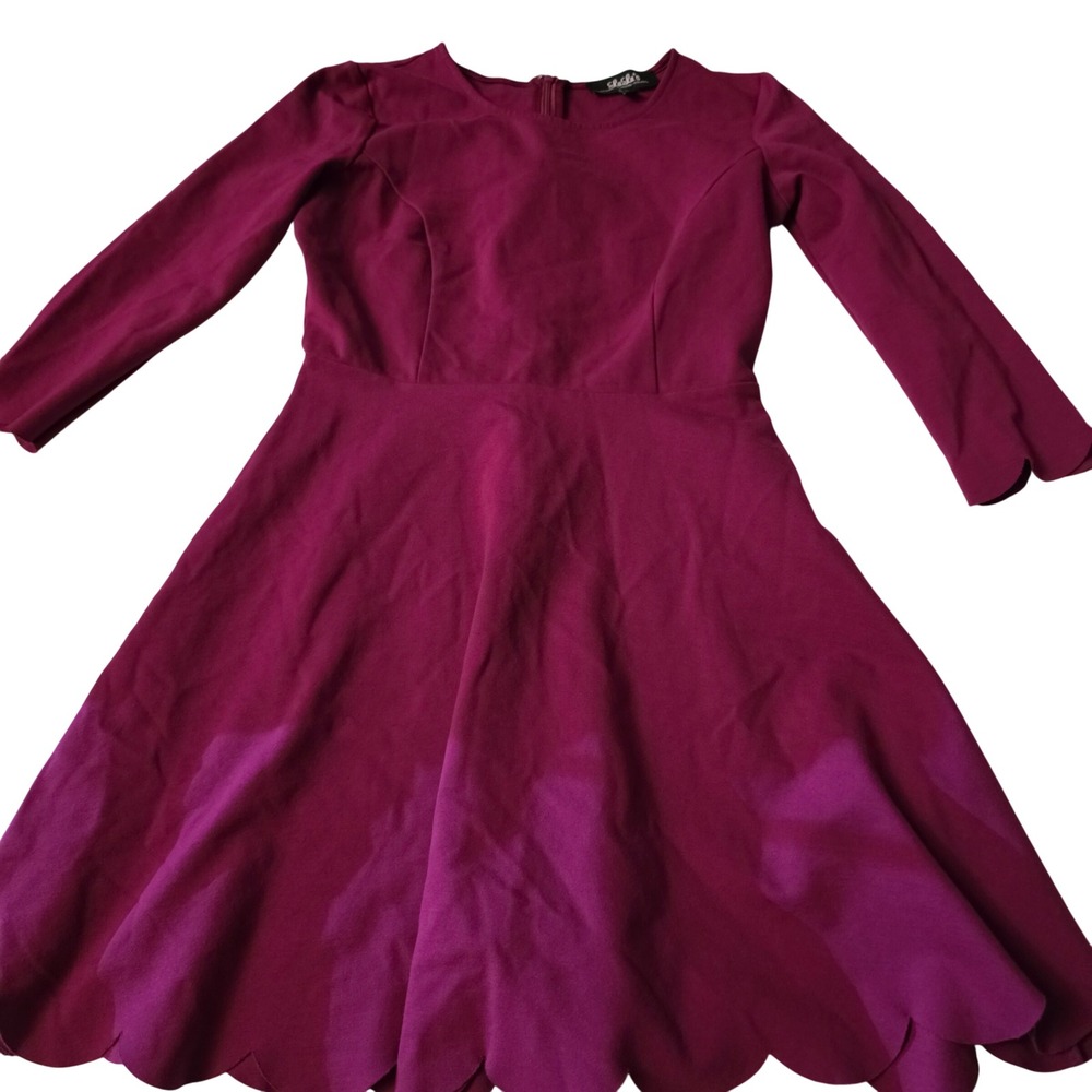 Lulus Magenta Purple Scalloped Hem Long Sleeve Skater Dress Medium